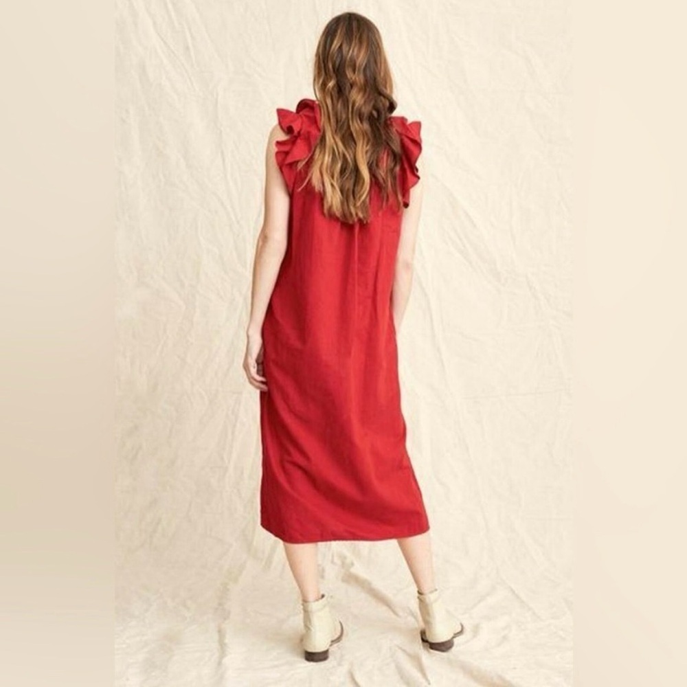 The Great Flutter Tulip Dress Red Linen Blend Ruffle Sleeve Midi Pockets L - Picture 2 of 10
